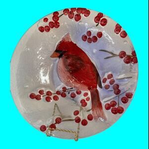 Christmas Red Cardinal & Winter Holly Berries Fused Art Decorative Bowl 13" x 2”